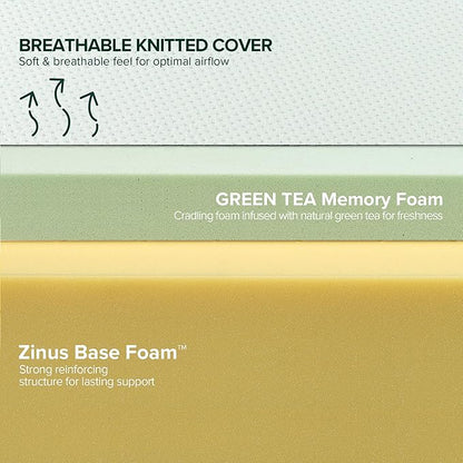 Zinus 6 Inch Green Tea Memory Foam Mattress, King, Fiberglass Free, Patented Custom Contour Support, Sturdy Base Foam, CertiPUR-US Certified, Mattress in A Box, White