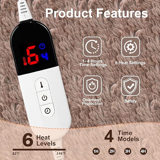 Electric Blanket - Heated Blanket with 6 Heating Levels, 4 Hour Auto Off, Ultra Soft, Overheat Protection, ETL Certified (Brown, 50"X60")