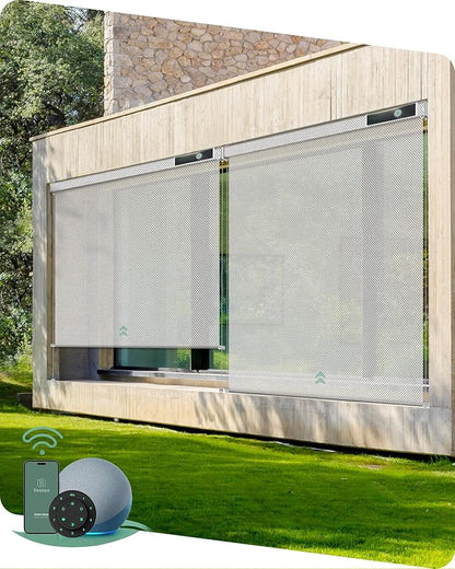 Yoolax Customized Motorized Outdoor Shades, Smart Blinds Compatible with Alexa Google, Remote Control Waterproof Blinds for Patio Porch Windows Outside (3% Openness Paine Grey)