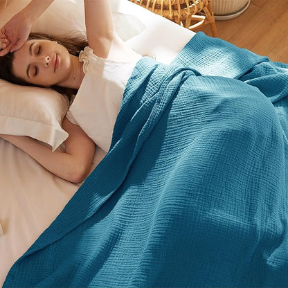 Bedsure 100% Cotton Muslin Throw Blanket Large 50x70 Inches - 4-Layer Breathable and Lightweight Thin Soft Summer Gauze Muslin Blankets for Adults, Teal, Boho Cotton Throw for Couch