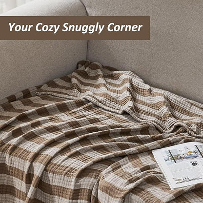 EMME Cotton Muslin Queen Blanket Bed Layering Bedspread Coverlet Breathable Gauze Soft Lightweight Adults (Striped Brown, 90"x90")