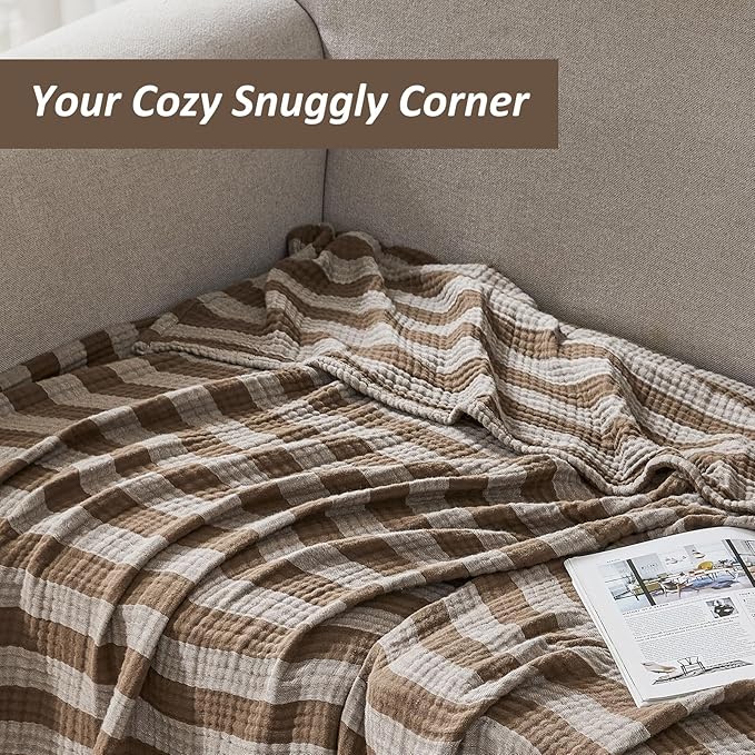 EMME Cotton Muslin Twin Blanket Breathable Gauze Soft Lightweight Adults Gifts for Women (Striped Brown, 60"x80")
