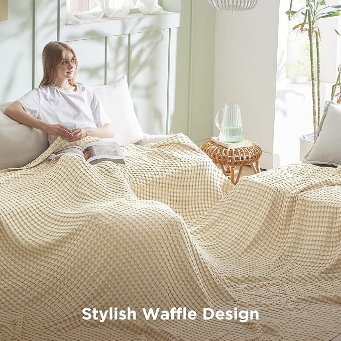 Bedsure Cooling Cotton Waffle Oversized King Blanket - Lightweight Breathable Blanket of Rayon Derived from Bamboo for Hot Sleepers, Natural, 120x96 Inches