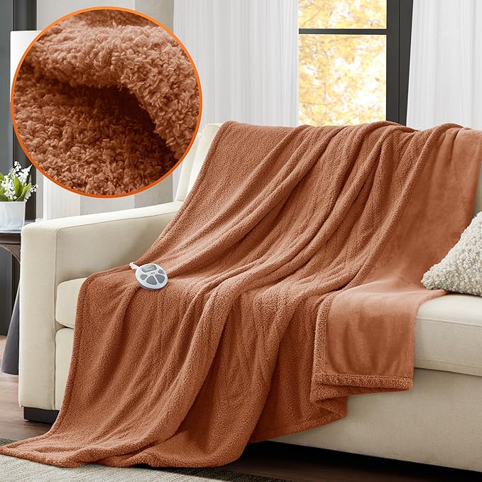 Serta Heated Blanket, Electric Twin Size Blanket, Soft, Warm, Fuzzy Heating Blanket Twin for Office, Couch, 1-12 hr Auto Shut Off Timer, 10 Lv Heat Setting, ETL Certified, Twin 62" x 84" Rust