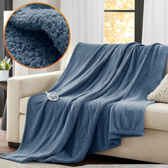 Serta Heated Blanket, Electric Twin Size, Soft, Warm, Fuzzy - Auto Shut Off Timer, 10 Lv Heat Setting, ETL Certified, 62" x 84" Navy