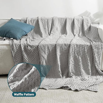 Aganear Waffle Blanket - Lightweight Breathable Summer Blanket of 50% Cotton and 50% Rayon Derived from Bamboo for Hot Sleepers Luxury Throws for Bed, Couch and Sofa,Grey,104x90 Inches