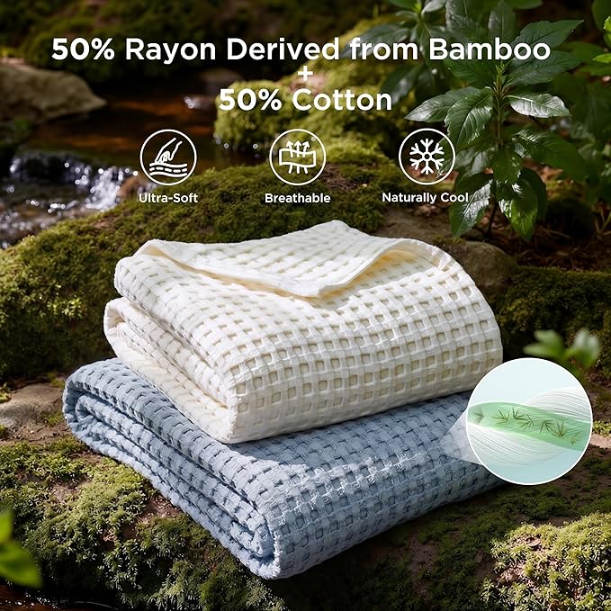 Bedsure Cooling Cotton Waffle Full Size Blanket - Lightweight Breathable Blanket of Rayon Derived from Bamboo for Hot Sleepers, Luxury Throws for Bed, Couch and Sofa, Dusty Blue, 80x90 Inches