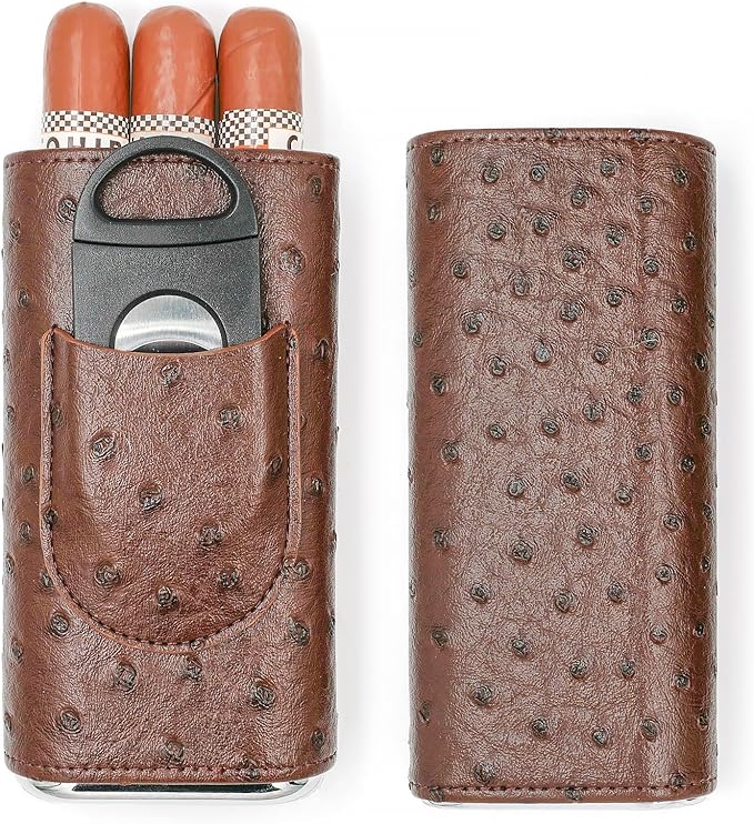 Brown Cigar Case with Cutter - Portable Leather Travel Cigar Holder and Small Humidifier Kit for Men