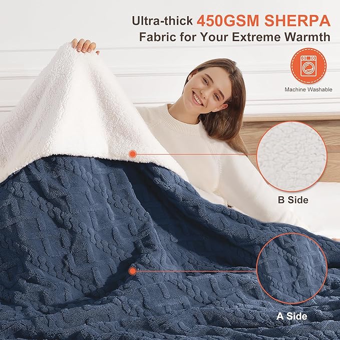 Electric Blanket Twin Heated Blanket 62''X84'' with 5 Heating Levels & 10 Hours Auto Off, ETL& FCC Certification Dual Sherpa Twin Heating Blanket Washable for Home/Office/Bed, Great Gift(Navy Blue)