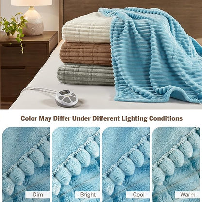 Serta Electric Blanket, Soft, Ribbed, Plush Heating Blanket Twin for Office, Couch, 1-12 hr Auto Shut Off Timer, 10 Lv Heating, ETL Certified, Twin 62"x84" Sky Blue