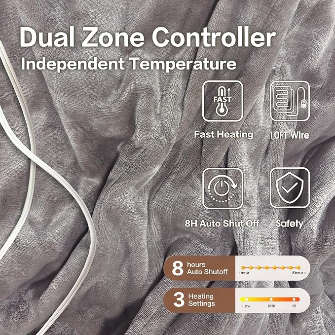 Tefici Heated Blanket Queen Size with Dual Control，Soft Flannel Electric Blanket Queen,Fast Heating with 3 Heat Levels,8 Hours Auto Off,Machine Washable, ETL&FCC Certified，84x90Inch，Gray