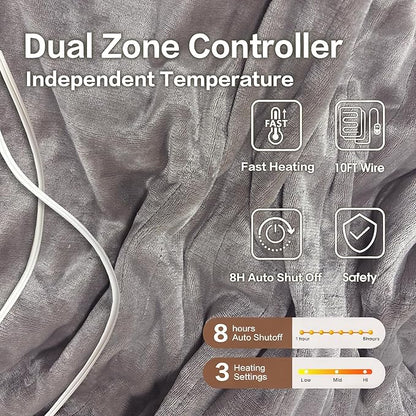 Tefici Heated Blanket Queen Size with Dual Control，Soft Flannel Electric Blanket Queen,Fast Heating with 3 Heat Levels,8 Hours Auto Off,Machine Washable, ETL&FCC Certified，84x90Inch，Gray