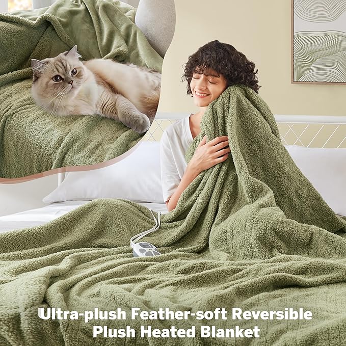 Serta Heated Blanket, Electric Twin Size, Soft, Warm, Fuzzy - Auto Shut Off Timer, 10 Lv Heat Setting, ETL Certified, 62" x 84" Sage