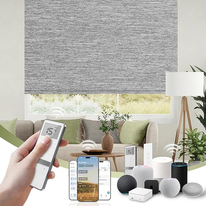FineTell Motorized Blinds with Remote, 100% Blackout Roller Shades Compatible with Alexa,Apple Homekit,Google Home APP and Voice Control, Customized Electric Blinds (100% Blackout Dreamy Dark Grey)