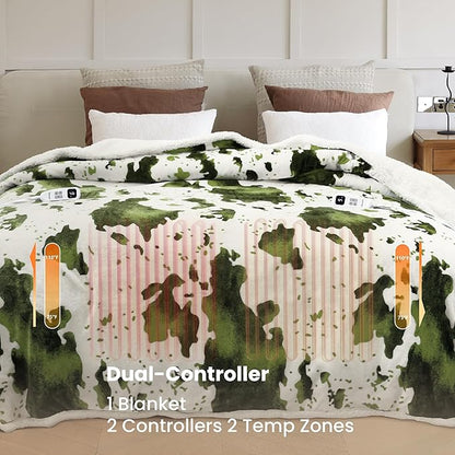 Heated Blanket Queen Blanket - Fast Heating Electric Blanket, Soft Flannel Heated Queen with 4 Time Settings,10 Heating Settings, Warm Gifts for Women & Mom & Grandma(84"x90"Cow Print Sage)