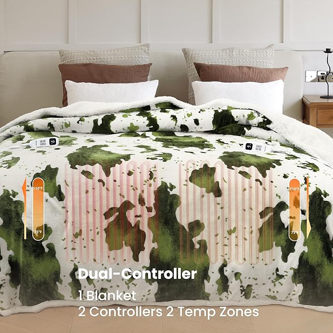 Heated Blanket King Blanket - Fast Heating Electric Blanket, Soft Flannel Heated King with 4 Time Settings,10 Heating Settings, Warm Gifts for Women & Mom & Grandma(90"x100"Cow Print Sage)
