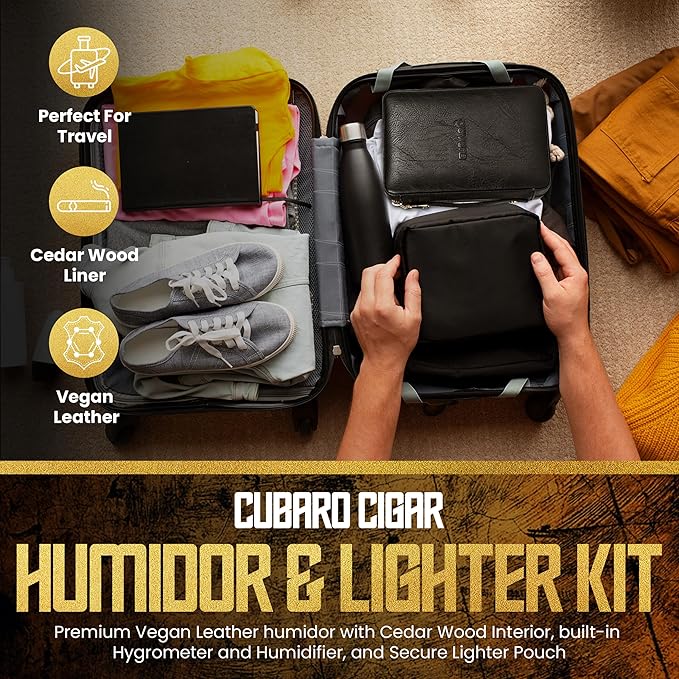 Cigar Humidor Case, Leather Cedar Wood Cigar Box with Built in Hygrometer and Humidifier, 3 in 1 Cigar Torch Lighter, V Cut and Punch Cutter, Portable Cigar Travel Humidor Kit for Men (Black)
