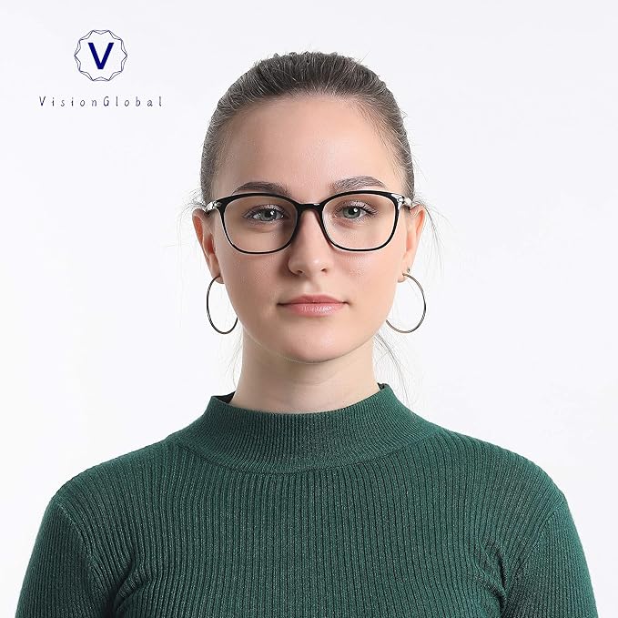 VisionGlobal Blue Light Blocking Glasses for Women/Men, Anti Eyestrain, Computer Reading, TV Glasses, Stylish Square Frame, Anti Glare(Black,+1.75 Magnification)