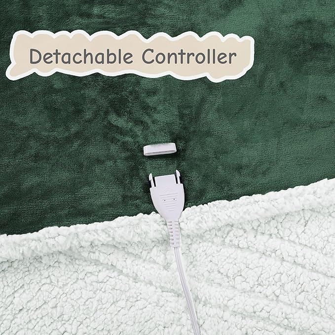 Electric Heated Blanket Queen Size 84"x90", Soft Flannel with Dual Controllers & Overheat Protection, 9 Adjustable Heat Settings & 10-Hour Auto-Off Timer, Fast Heating for Winter Comfort, Dark Green