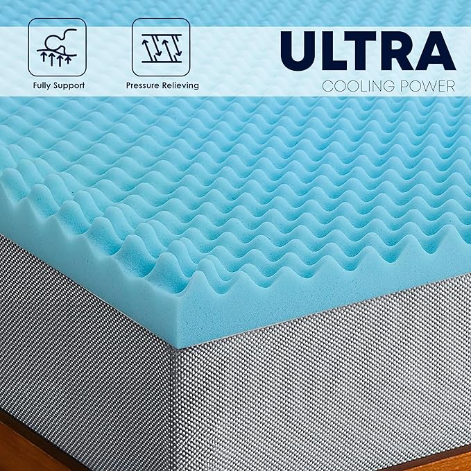 Greaton, 3-Inch Premium Convoluted Gel Memory Foam Toppers for Enhanced Comfort and Support, Twin, Blue