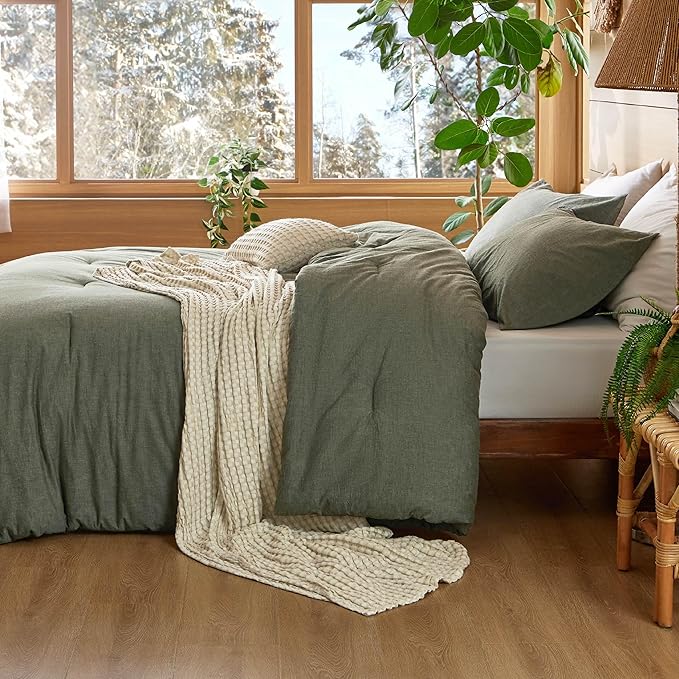 Bedsure 5 Pieces Cotton Comforter Set with Cotton Waffle Throw Blanket - Olive Green Queen Comforter, Pillow Shams, Beige Cooling Blanket of Rayon Derived from Bamboo for Hot Sleepers, Throw Pillow