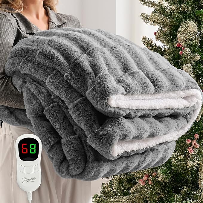 Homemate Electric Heated Throw Blanket - 50"x60" Luxury Faux Fur Heating Bed Blankets with 10 Heating Levels 8 Hours Auto Off Fast Heating Over-Heated Protection Ultra Soft Warm Flannel ETL Certified