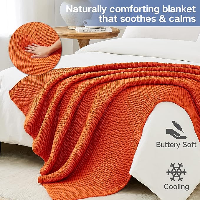 Guohaoi Knitted Weighted Blanket for Adults (Orange 60"x80" 20lbs) No Beads Cooling Throw Blanket for Hot Sleepers, Home Decor Breathable Chunky Knit Heavy Blanket Use on Queen/King Size Bed