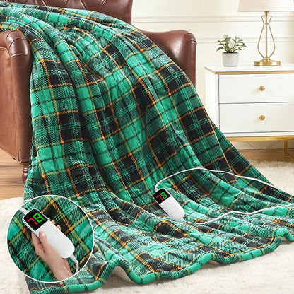 Green Heated Blanket Electric Twin Size 62X84, Christmas Heating Blanket, Plaid Sherpa Winter Blankets Warmer, 10 Heating Levels & 8-Hour Auto Off, Fast Heated House Warming Gifts New Home Decor