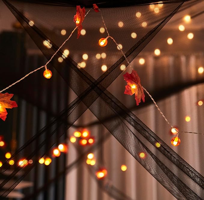 Mengersi Bed Canopy with Lights,Maple Leaf Pumpkin Canopy Bed Curtains Mosquito net,Halloween Theme Party Supplies Festival Decor,Black