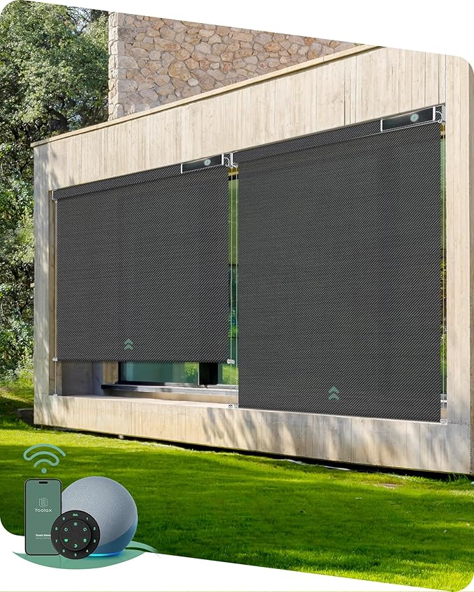 Yoolax Customized Motorized Outdoor Shades, Smart Blinds Compatible with Alexa Google, Remote Control Waterproof Blinds for Patio Porch Windows Outside (1% Openness Wild Dark Grey)