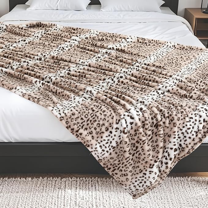 Electric Heated Blanket Throw Size 50"x60", Fast Heating Throw, Soft Microplush for Sofa & Office,6 Heating Levels & 1-10 Hours Auto Off, Machine Washable, Gifts for Family-Leopard Print, Beige
