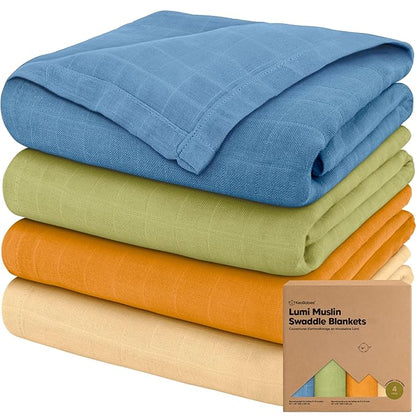 4-Pack Muslin Swaddle Blankets for Boys, Girls - Organic Baby Swaddles for Newborns, Soft & Breathable Receiving Baby Blankets for Girl, Boy, Neutral, Newborn Essentials Gift (Primeval)