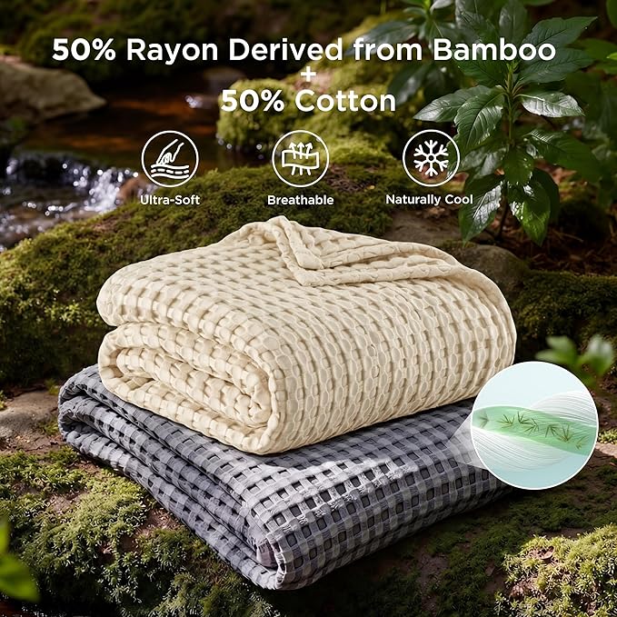 Bedsure Cooling Cotton Waffle Throw XL Blanket - Lightweight Breathable Blanket of Rayon Derived from Bamboo for Hot Sleepers, Natural, 50x70 Inches