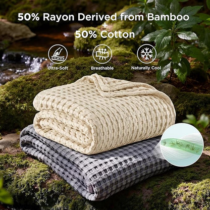 Bedsure Cooling Cotton Waffle Queen Size Blanket - Lightweight Breathable Blanket of Rayon Derived from Bamboo for Hot Sleepers, Natural, 90x90 Inches