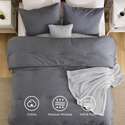 Bedsure 5 PCS Cotton Comforter Set with Waffle Throw Blanket - Soft Breathable Bedding Set for All Seasons, Dark Grey Comforter Full Size, Pillow Shams, Grey 100% Cotton Blanket, Throw Pillow