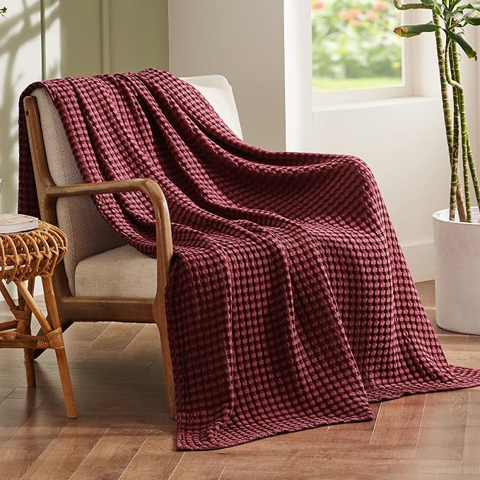 Bedsure Cooling Cotton Waffle Weave Blanket - Lightweight Breathable Blanket of Rayon Derived from Bamboo for Hot Sleepers, Luxury Throws for Bed, Couch and Sofa, Dark Red, 50x70 Inches