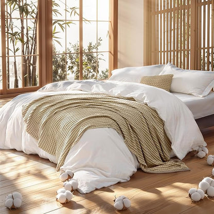 Bedsure 5 Pieces Cotton Comforter Set with Cotton Waffle Throw Blanket - White Queen Comforter, Pillow Shams, Taupe Cooling Blanket of Rayon Derived from Bamboo for Hot Sleepers, Throw Pillow