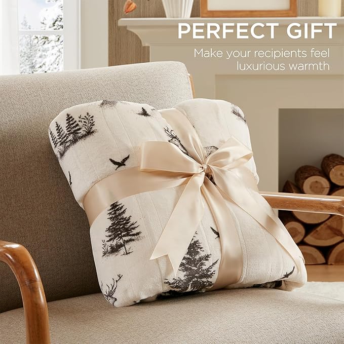 Woolrich Heated Throw Blanket with Ultra Soft Plush and Sherpa Reverse, 12 Heat Settings, Auto Shut-Off, Farmhouse & English Country Gift Throw – Deer Toile Pattern, 50"x60"