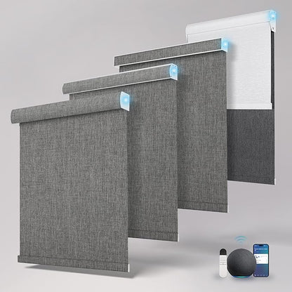 BERISSA Motorized Blinds with Remote,Blackout Smart Roller Shades with App,Voice Control,Linen Fabric,Thermal Insulated Automatic Blinds,Electric Shades with USB/Solar Pannel.Double-Sided Dark Grey