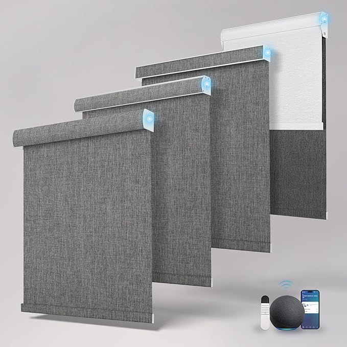 Motorized Blinds with Remote,Blackout Smart Roller Shades with App,Voice Control,Linen Fabric,Thermal Insulated Automatic Blinds,Electric Shades with USB/Solar Pannel.Double-Sided Dark Grey