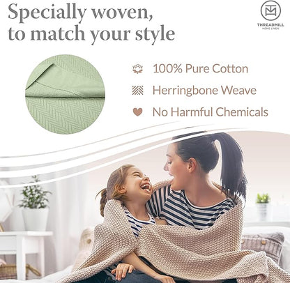 Threadmill Luxury Cotton Blankets for Twin Size Bed | All-Season 100% Cotton Twin Blanket for Bed | Herringbone Soft & Cozy Fall Thermal Blanket, 350GSM, 68x92 inches | Sage Green