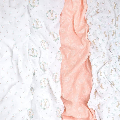 aden + anais Essentials Muslin Swaddle Blankets for Baby Girls and Boys, Newborn Receiving Blanket for Swaddling, 100% Cotton Baby Swaddle Wrap, 4 Pack, Blushing Bunnies