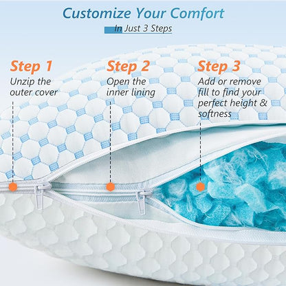 Cooling Firm Bed Pillows Set of 2, Shredded Memory Foam Pillows for Sleeping Luxury Gel Pillows for Side Back Stomach Sleepers with Removable Washable Cover(Blue, Queen)