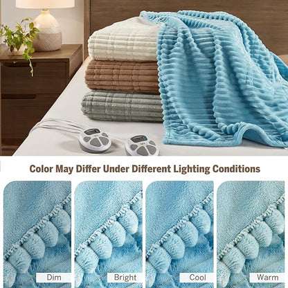 Serta Electric Blanket, Soft, Ribbed, Plush Heating Blanket King for Office, Couch, 1-12 hr Auto Shut Off Timer, 10 Lv Heating, ETL Certified, King 100"x90" Sky Blue