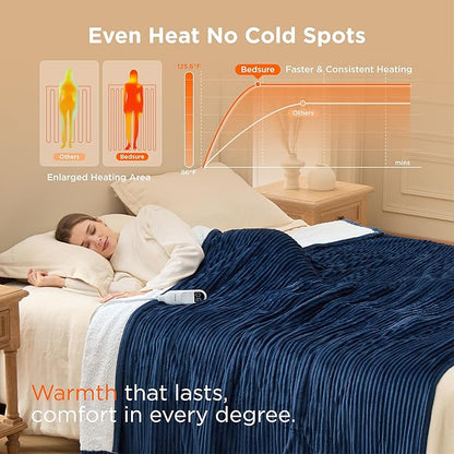 Bedsure GentleSoft Electric Blanket Twin - Soft Ribbed Flannel Heated Blanket, Heating with 10 Time Settings, 6 Heat Settings, and 8 hrs Timer Auto Shut Off, Gifts for Grandma (62x84 inches, Navy)