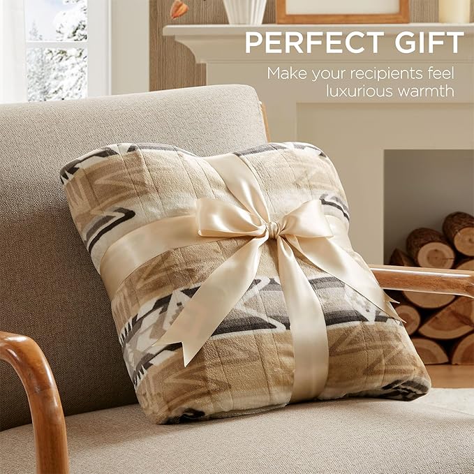 Woolrich Heated Throw Blanket with Ultra Soft Plush and Sherpa Reverse, 12 Heat Settings, Auto Shut-Off, Boho Farmhouse & English Country Gift Throw – Aztec Pattern, 50"x60"