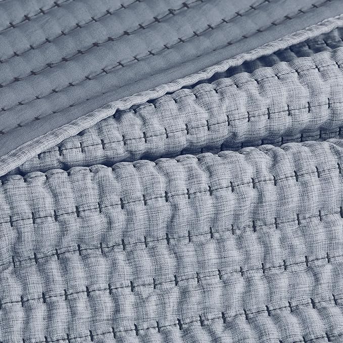 WDCOZY Chambray Pick Stitch King Size Quilt Set, Denim Blue Striped Lightweight Soft Summer Spring Bedspread, Bamboo Linen Like Textured Coverlet, Farmhouse Country Rustic Bedding, Thin Comforter