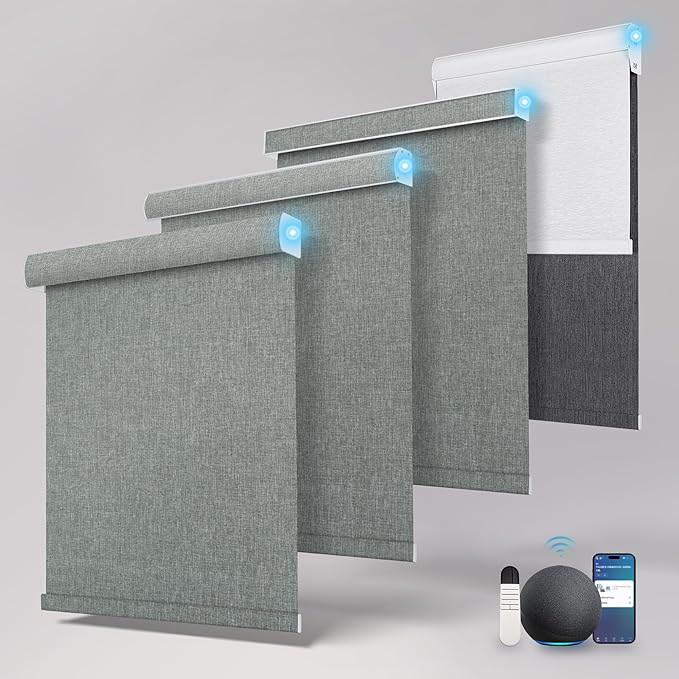 Motorized Blinds with Remote,Light Filtering Smart Roller Shades with App,Voice Control,Thermal Insulated Automatic Blinds,Electric Shades with USB/Solar Pannel.Filter Linen Grey