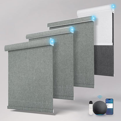 Motorized Blinds with Remote,Light Filtering Smart Roller Shades with App,Voice Control,Thermal Insulated Automatic Blinds,Electric Shades with USB/Solar Pannel.Filter Linen Grey