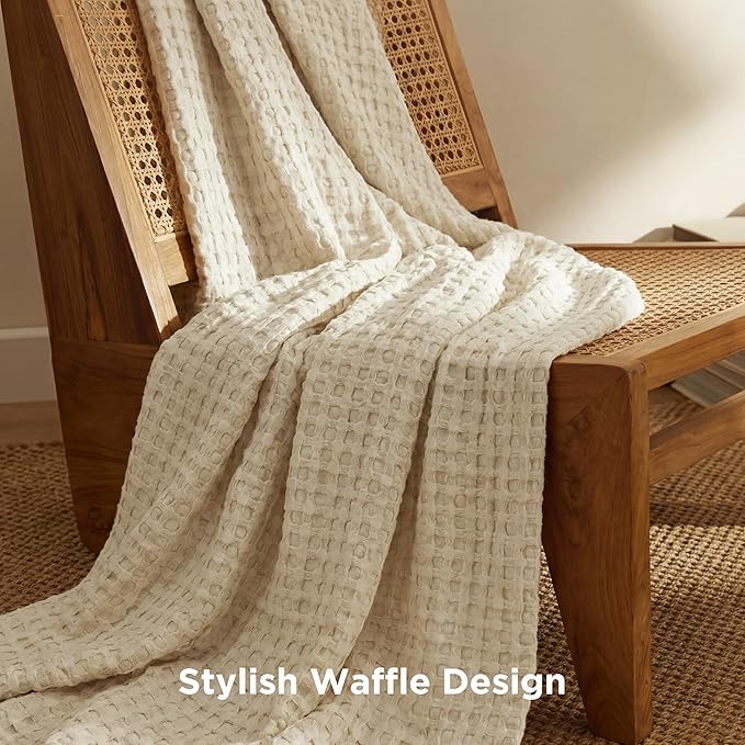 Bedsure Cooling Cotton Waffle Throw XL Blanket - Lightweight Breathable Blanket of Rayon Derived from Bamboo for Hot Sleepers, Natural, 50x70 Inches